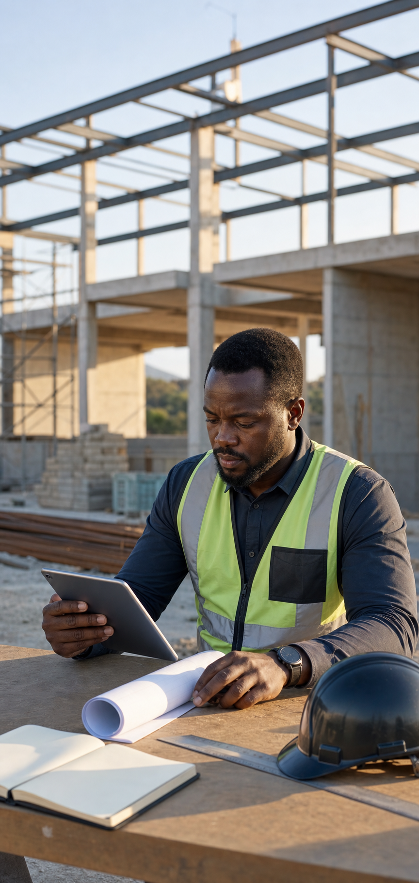 Site engineer reviewing plans and a tablet at a construction project
